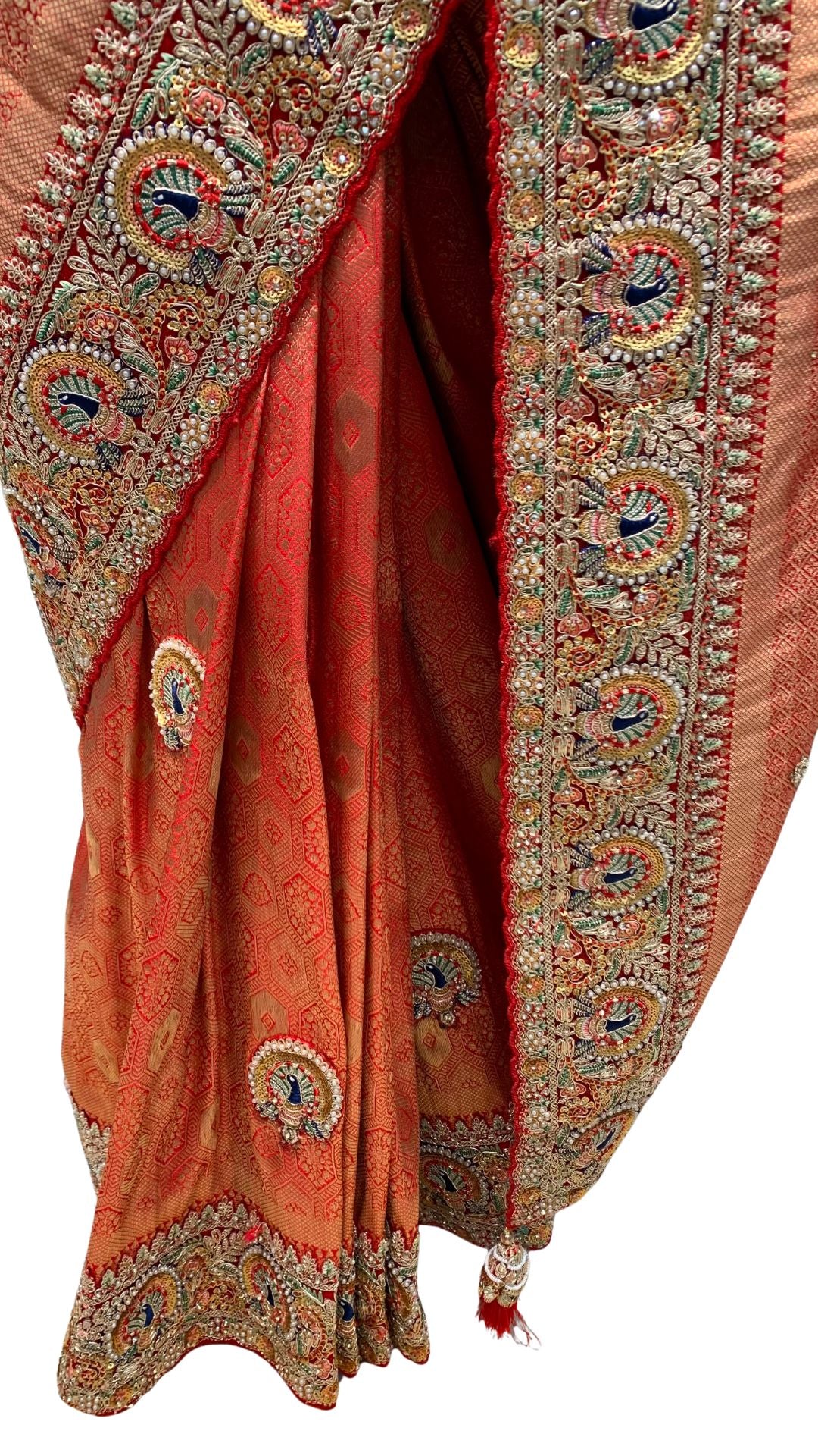 Orange Banarasi Silk Unstitched Saree with Dupatta Embellished with Moti & Zari Work